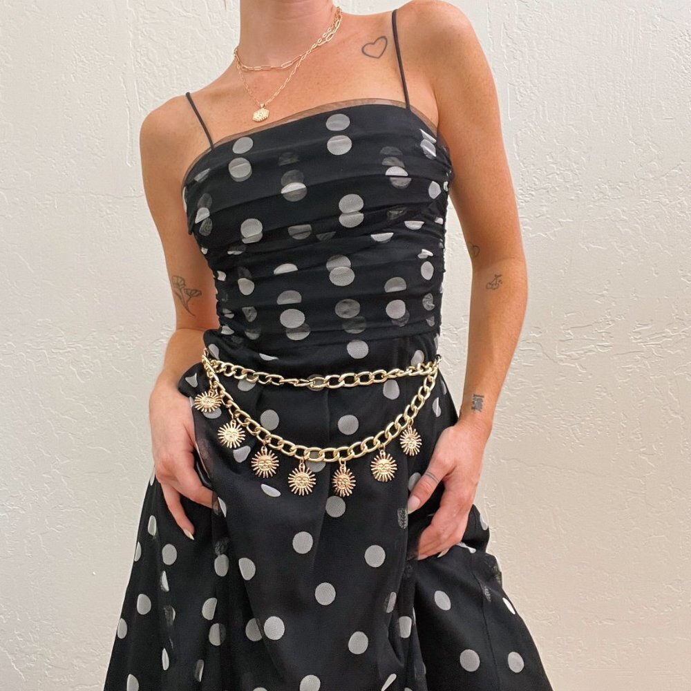 Vintage 90s/Y2K Eliza J Black Polka Dot Ruched Chiffon Fit Flare Midi Dress - Picture 9 of 12